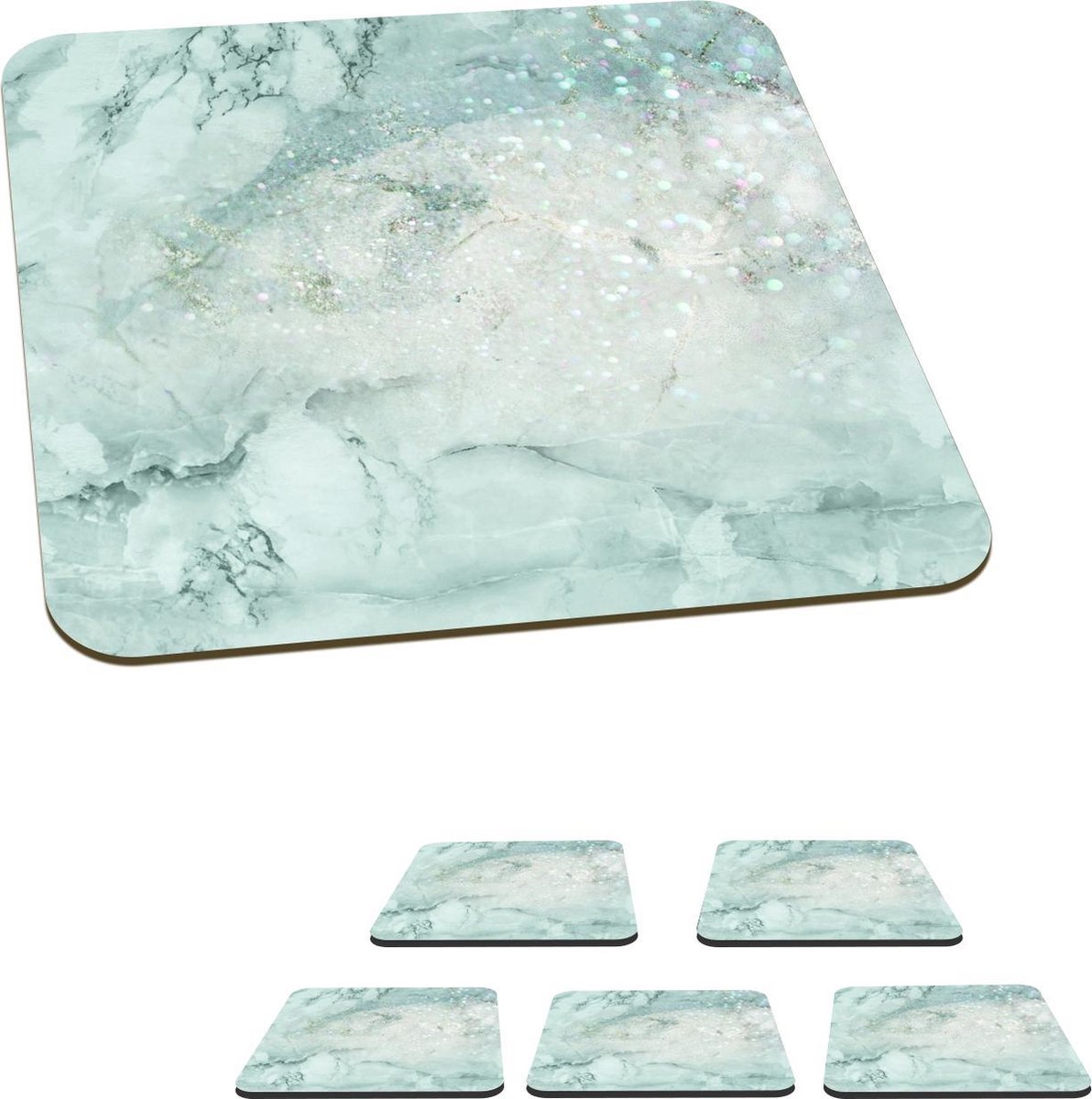 Onderzetters voor glazen - Marmer - Glitter - Turquoise - 10x10 cm - Glasonderzetters - 6 stuks
