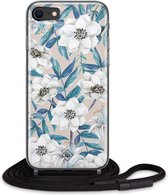 iPhone SE 2020 hoesje met koord - Bloemen / Floral blauw | Apple iPhone SE (2020) crossbody case | Zwart, Transparant | Bloemen