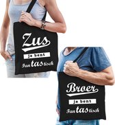 Zus en Broer je bent fanTAStisch tasje zwart - Cadeau boodschappentasjes set voor Broer en Zus - Cadeau Broer en Zus