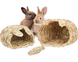 knaagdier speelgoed - set van 3 - speeltje - kooi accessoires - 2 grashuizen en 1 wortel - konijn en cavia