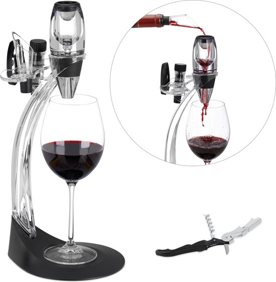 Relaxdays wine set deluxe - with stand - pouring spout, wine opener, wine stopper, foil cutter, strainer, black