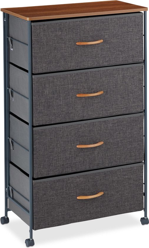Grijze ladekast met 4 stoffen laden, houten blad en wielen.