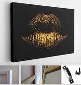 Abstract gold lips. Golden lips closeup. Gold metal art lip. Beautiful makeup. Golden lip gloss on beauty female mouth, closeup - Modern Art Canvas - Horizontal - 1953337447 - 115*