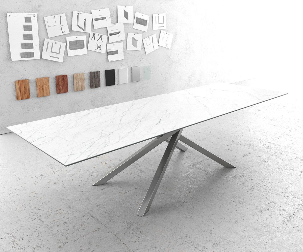 Eettafel Edge Laminam® keramiek wit 300x100cm middenvoet kruis zilver