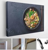 Mix fry noodles with vegetables and shrimps in black bowl. Slate history. top view. Copy space - Modern Art Canvas - Horizontal - 1075259726 - 40*30 Horizontal