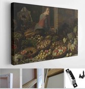 Still Life with Fruit and Vegetables, with Christ at Emmaus, by Floris van Schooten, 1630. Dutch painting, oil on canvas - Modern Art Canvas - Horizontal - 411416056 - 50*40 Horizo