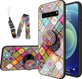 Voor Samsung Galaxy S10 5G Geschilderd Etnisch Patroon Gehard Glas TPU Schokbestendig Hoesje met Opvouwbare Magnetische Houder & Nekband (Kleurrijk)