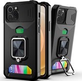 Sliding Camera Cover Design PC + TPU schokbestendig hoesje met ringhouder en kaartsleuf voor iPhone 12/12 Pro (zwart)