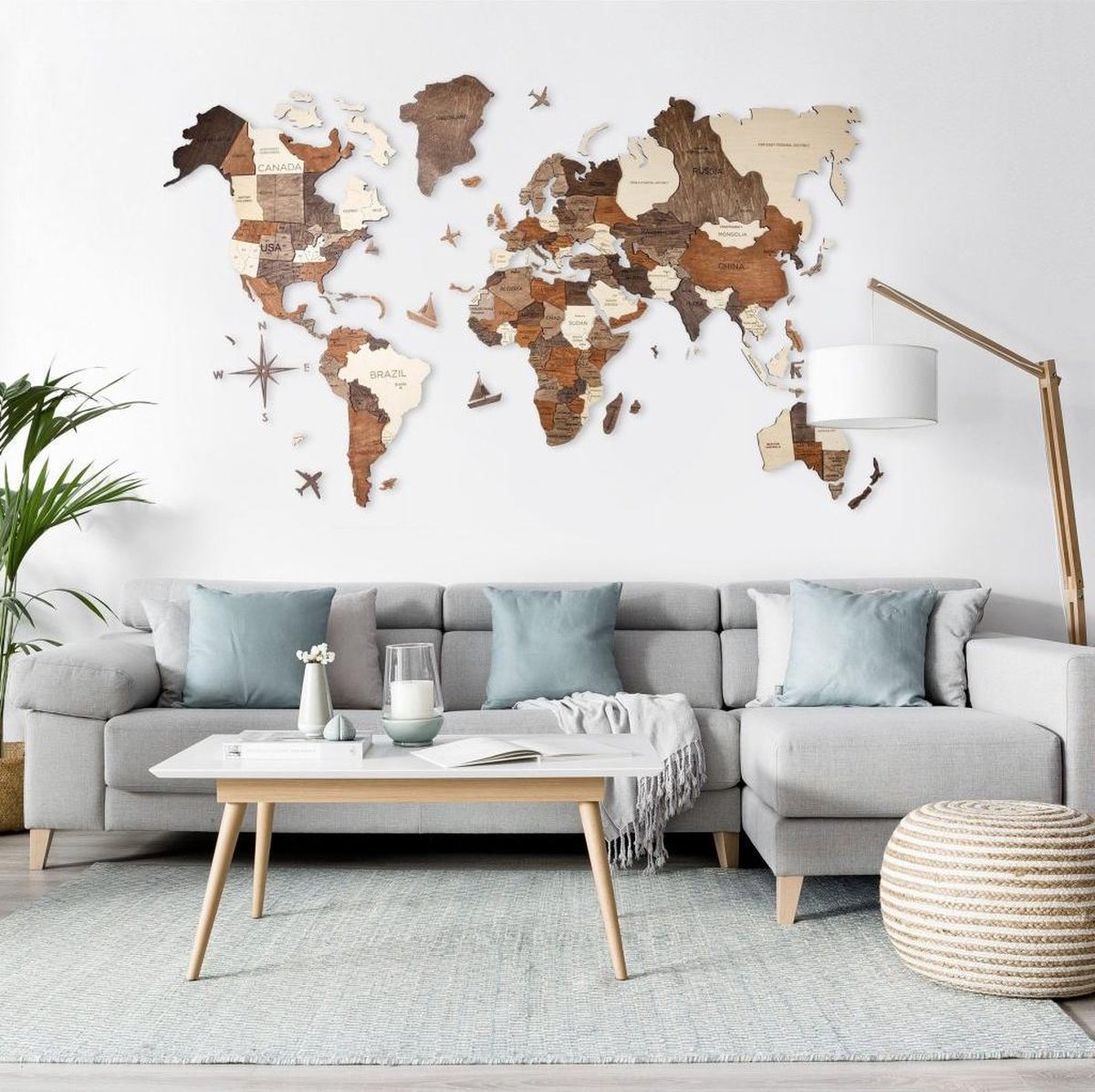 Carte du monde en bois – décoration murale 3D “Naturel”