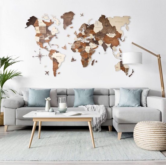 Carte du Wereldkaart en bois 3D Multi XL (200x120 cm) Décoration murale  Premium Design
