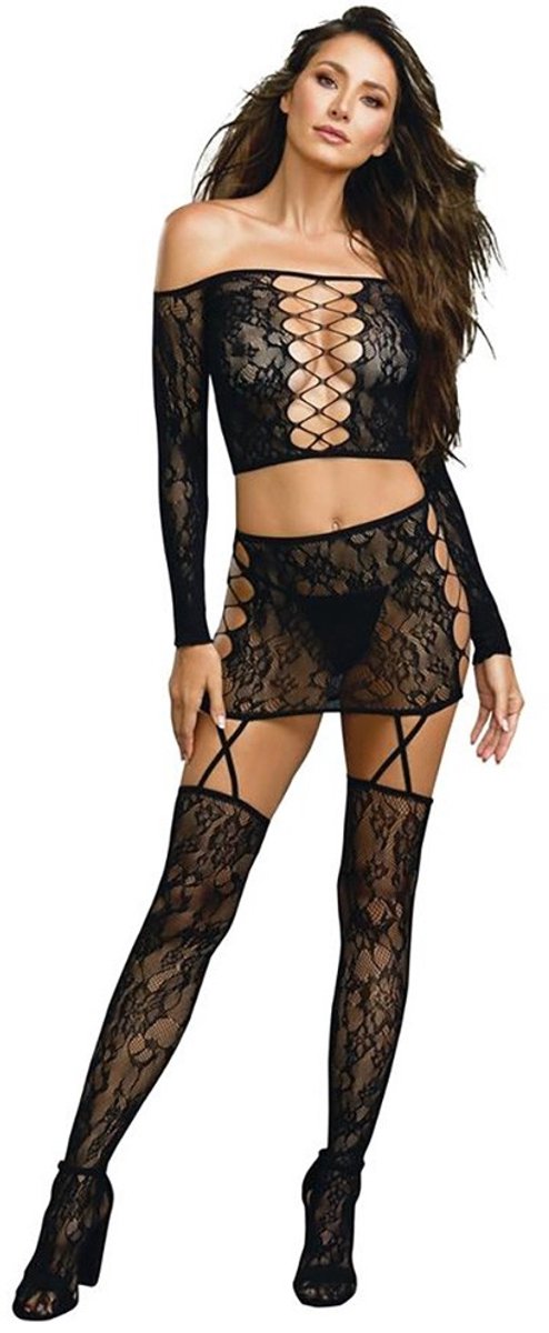 Dreamgirl - Erotische Lingerieset - Top, Rok En Kousen - Zwart - One Size