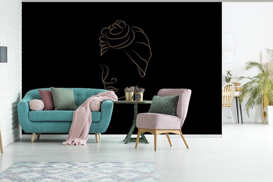 Papier peint - Papier peint photo Femme - Foulard - Or - Zwart - Largeur 525 cm x hauteur 350 cm