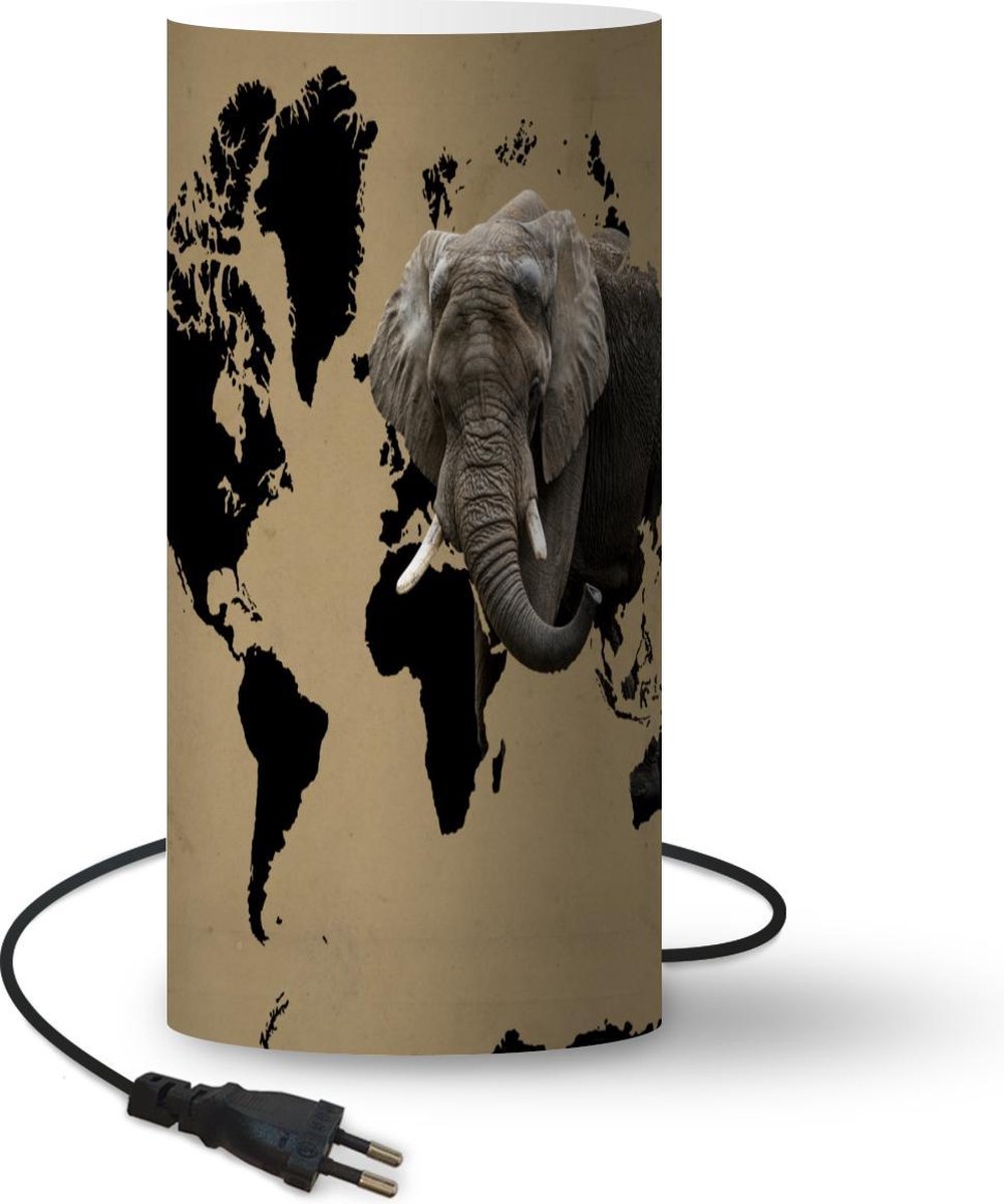 Lamp - Nachtlampje - Tafellamp slaapkamer - Wereldkaart - Zwart - Olifant - 33 cm hoog - Ø15.9 cm - Inclusief LED lamp