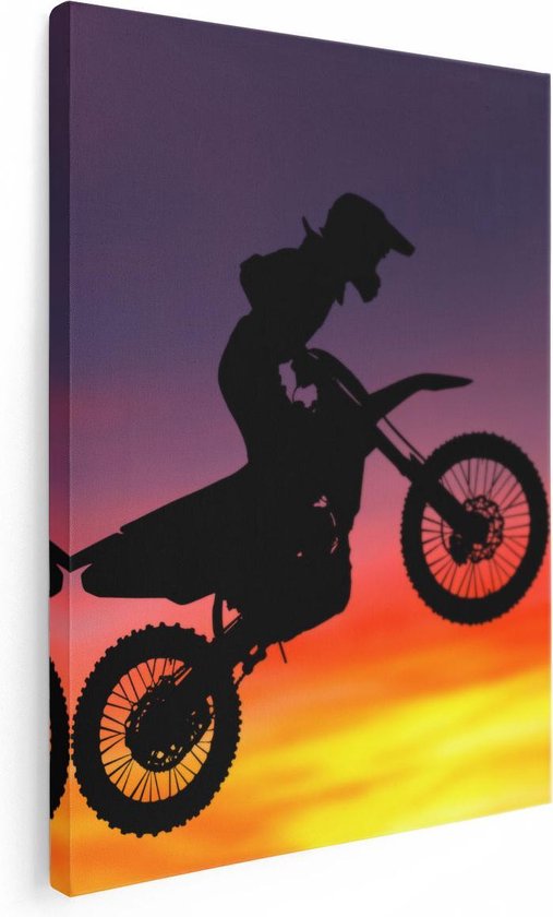 Artaza Canvas Schilderij Silhouet Van Een Motorcross In De Lucht  - 60x80 - Foto Op Canvas - Canvas Print