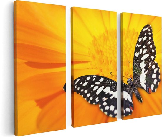 Artaza Canvas Schilderij Drieluik Vlinder Op Een Oranje Bloem - 120x80 - Foto Op Canvas - Canvas Print