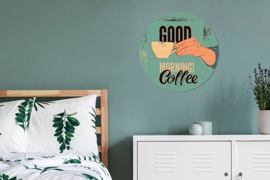 Bonjour café vintage turquoise cercle mural aluminium - ⌀ 60 cm - peinture ronde - impression photo sur aluminium / dibond / cercle mural / cercle vivant / cercle de jardin (décoration murale)