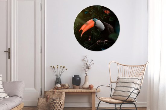 WallCircle - Stickers muraux - Cercle Papier Peint - Toucan - Papillons - Plantes - 100x100 cm - Cercle Mural - Auto Adhésif - Sticker Papier Peint Rond XXL