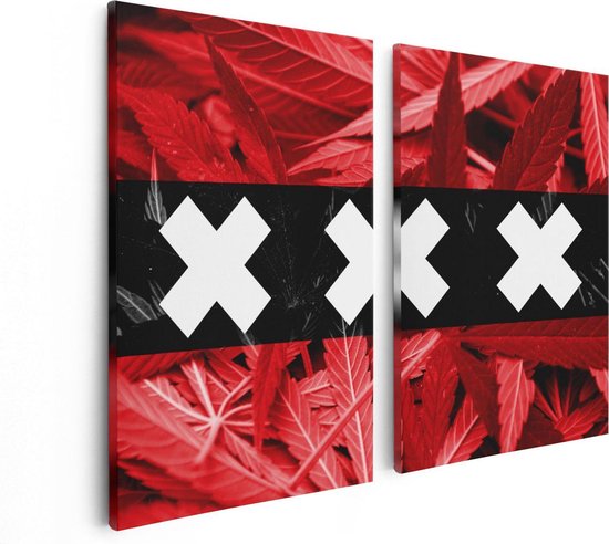 Artaza Canvas Schilderij Tweeluik Amsterdamse Vlag Met Cannabis Achtergrond - 80x60 - Foto Op Canvas - Canvas Print