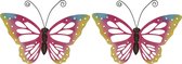 Set van 2x stuks grote roze vlinders/muurvlinders 51 x 38 cm cm tuindecoratie - Tuindecoratie vlinders - Tuinvlinders/muurvlinders