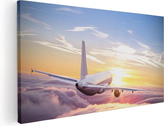 Artaza Canvas Schilderij Vliegtuig In De Wolken Bij Zonsondergang - 120x60 - Groot - Foto Op Canvas - Canvas Print