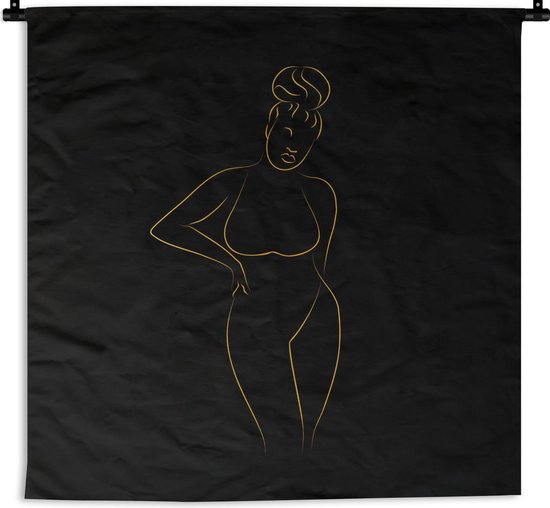 Wandkleed - Wanddoek - Vrouw - Zwart - Goud - Line art - 90x90 cm - Wandtapijt
