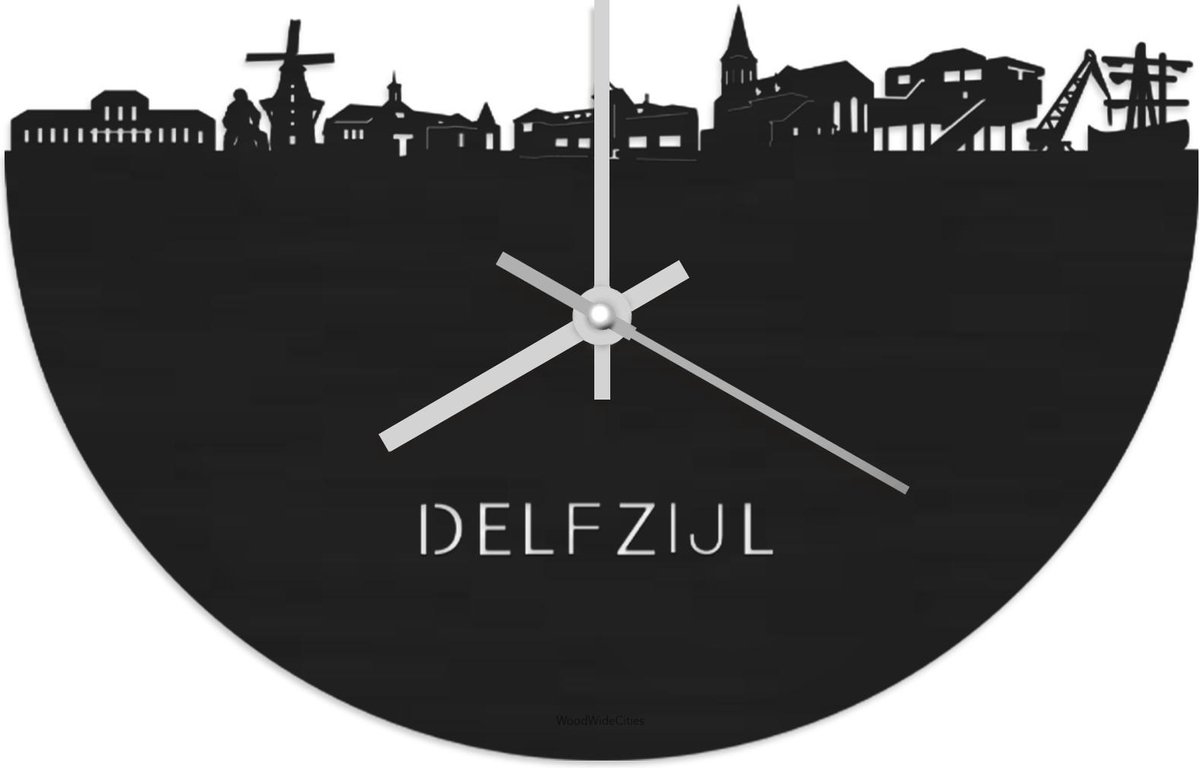 Skyline Klok Delfzijl Zwart hout - Ø 40 cm - Stil uurwerk - Wanddecoratie - Meer steden beschikbaar - Woonkamer idee - Woondecoratie - City Art - Steden kunst - Cadeau voor hem - Cadeau voor haar - Jubileum - Trouwerij - Housewarming - WoodWideCities