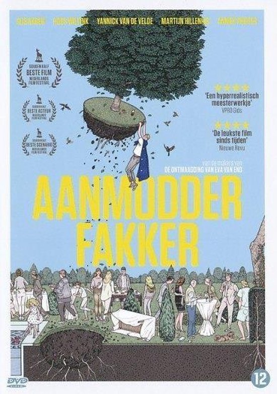 DVD hoes van Aanmodderfakker. Een man hangt aan een boom, met onderaan een feest. Met prijzen en namen van acteurs.