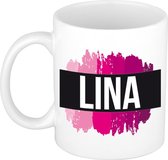 Lina  naam cadeau mok / beker met roze verfstrepen - Cadeau collega/ moederdag/ verjaardag of als persoonlijke mok werknemers