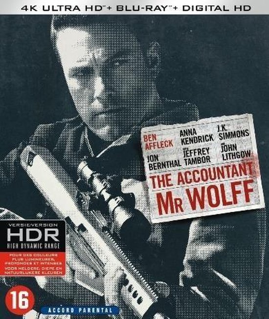 4K Ultra HD Blu-ray van "The Accountant" met Ben Affleck die een geweer vasthoudt, met castinformatie.