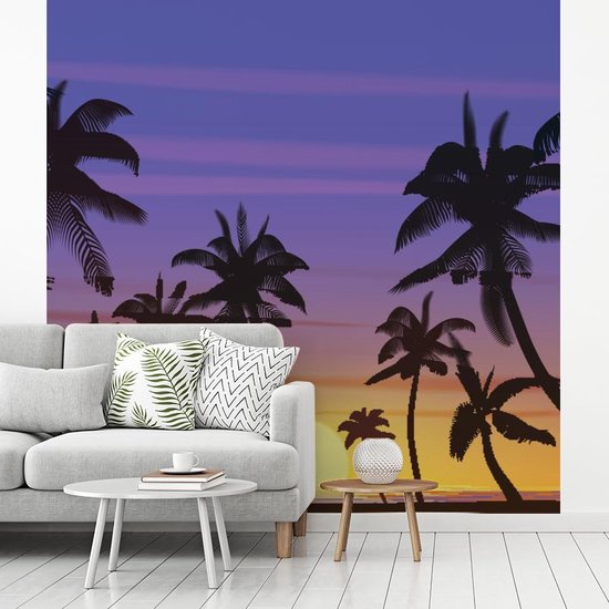 Behang - Fotobehang Zon - Palmboom - Zee - Breedte 220 cm x hoogte 220 cm