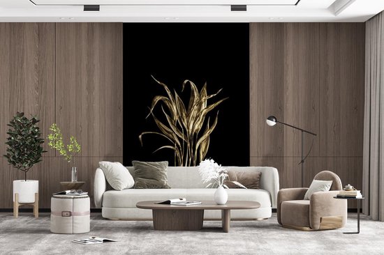 Longues fines feuilles dorées sur fond noir 195x300 cm