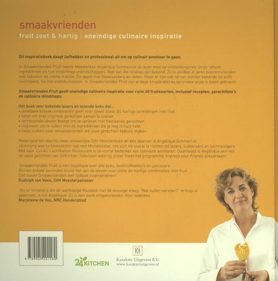 Achterkant boek "Smaakvrienden fruit zoet & hartig". Met tekst en een foto van Angélique Schmeinck.