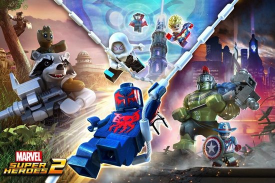 Cover van LEGO Marvel Super Heroes 2 met Spider-Man 2099, Hulk, Rocket Raccoon, Groot en Captain America.