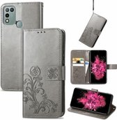 Voor INFINIX Hot 10 Spelen Vierbladige Sluiting Reliëf Gesp Mobiele Telefoon Bescherming Lederen Case met Lanyard & Kaartsleuf & Portemonnee & Beugel Functie (Grijs)