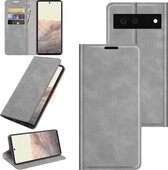Voor Google Pixel 6 Retro-skin Business Magnetische Suction Leather Case met Houder & Kaartsleuven & Portemonnee (Grijs)
