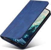Voor Samsung Galaxy A12 5G Huid-gevoel Kalfsleer Textuur Magnetische Dual-Fold Horizontale Flip Lederen Case met Houder & Kaartsleuven & Portemonnee (Blauw)
