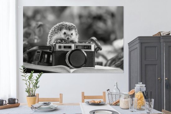 Tableau sur toile Hérisson sur caméra - noir et blanc - 150x100 cm - Décoration murale