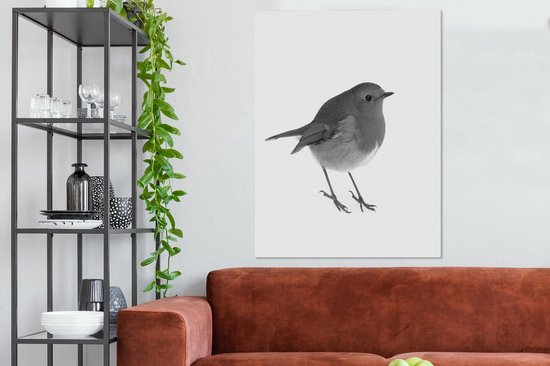 Toile Peinture Robin - Zwart - Wit - 90x120 cm - Décoration murale