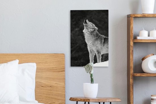 Tableau sur toile Loup hurlant gris - noir et blanc - 20x30 cm - Décoration murale