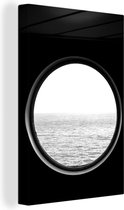 Canvas Schilderij Uitzicht op de zee door een rond raam - zwart wit - 40x60 cm - Wanddecoratie