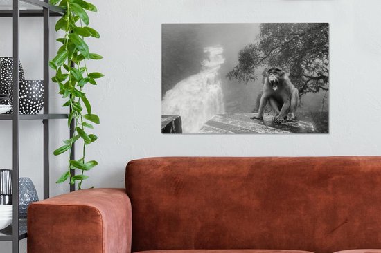 Tableau sur toile Singe qui crie devant la cascade - noir et blanc - 90x60 cm - Art Décoration murale