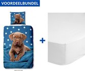 Dekbedovertrek voor Kinderen - Eenpersoons - 140x200/220cm - Inclusief 1 Kussensloop - 100% Versterkt Katoen - Puppy - Hond + Zachte Katoenen Hoeslaken - 80x200cm - Wit