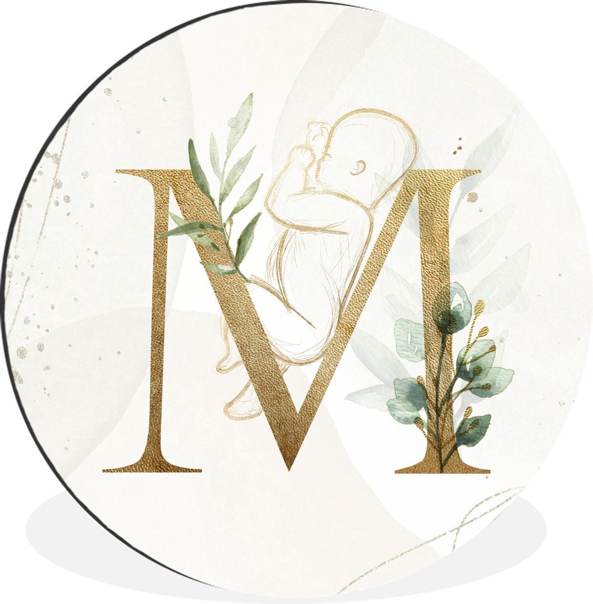 WallCircle - Wandcirkel - Muurcirkel - Letters - M - Goud - Baby - Aluminium - Dibond - 90x90 cm - Binnen en Buiten