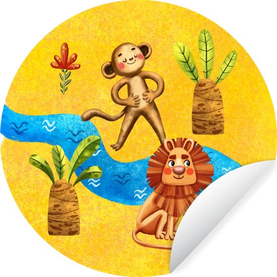 Papier Peint Cercle - Singe - Lion - Jungle - Rivière - 100x100 cm XXL