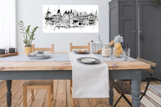 Paysage urbain monochrome d'Amsterdam avec moulin à vent et maisons de canal, avec le mot 'Amsterdam' en calligraphie élégante.