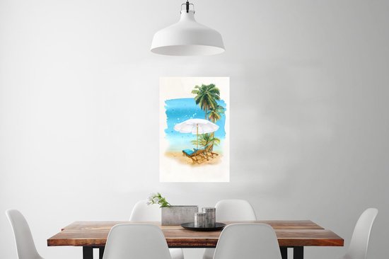 Poster Chaise de plage - Parasol - Palmier - Mer - 60x90 cm