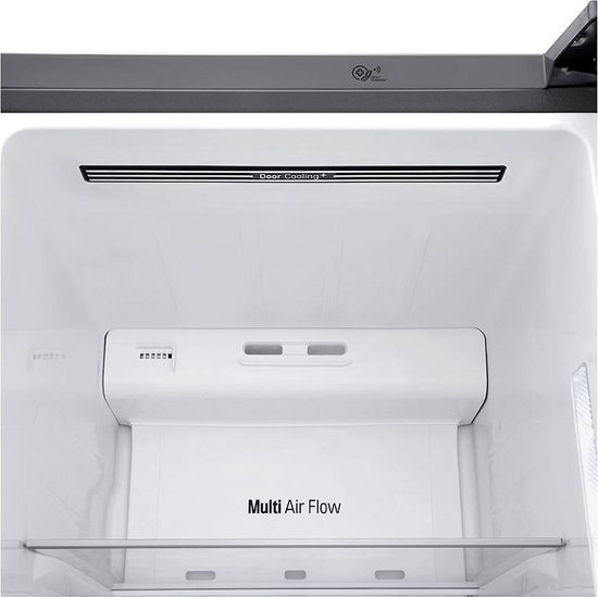 Binnenzijde van een LG koelkast met "Multi Air Flow" en "Door Cooling+" technologie.