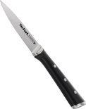 Een Tefal mes met een zwart handvat en een puntig, zilveren blad.