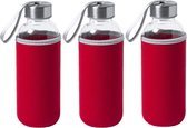 6x Stuks glazen waterfles/drinkfles met rode softshell bescherm hoes 420 ml - Sportfles - Bidon