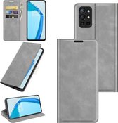 Voor OnePlus 9R Retro-skin Zakelijke magnetische zuignap lederen hoes met houder en kaartsleuven en portemonnee (grijs)
